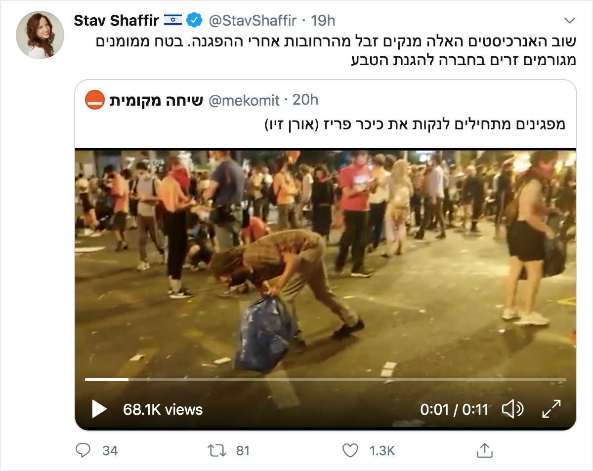 ציוץ של סתיו שפיר בטוויטר על המפגינים